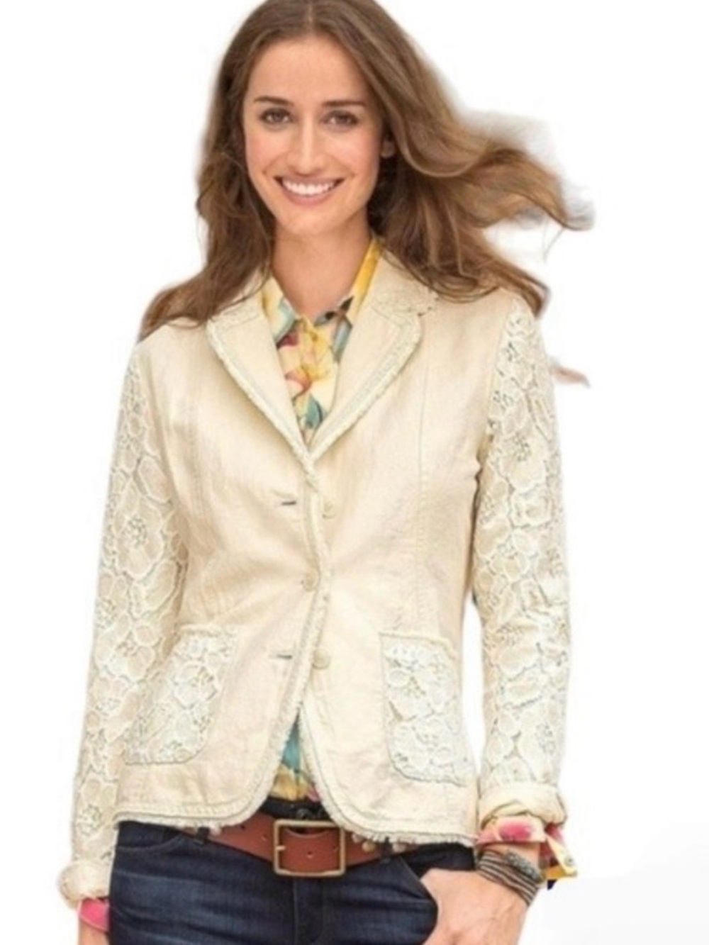 Sundance linen-blend jacket blazer lace details cream M boho coastal